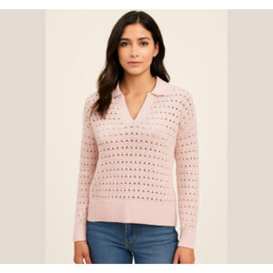 Joie Pink Cotton blend Open Knit Polo Collar V-Neck Long Sleeve Sweater Size S